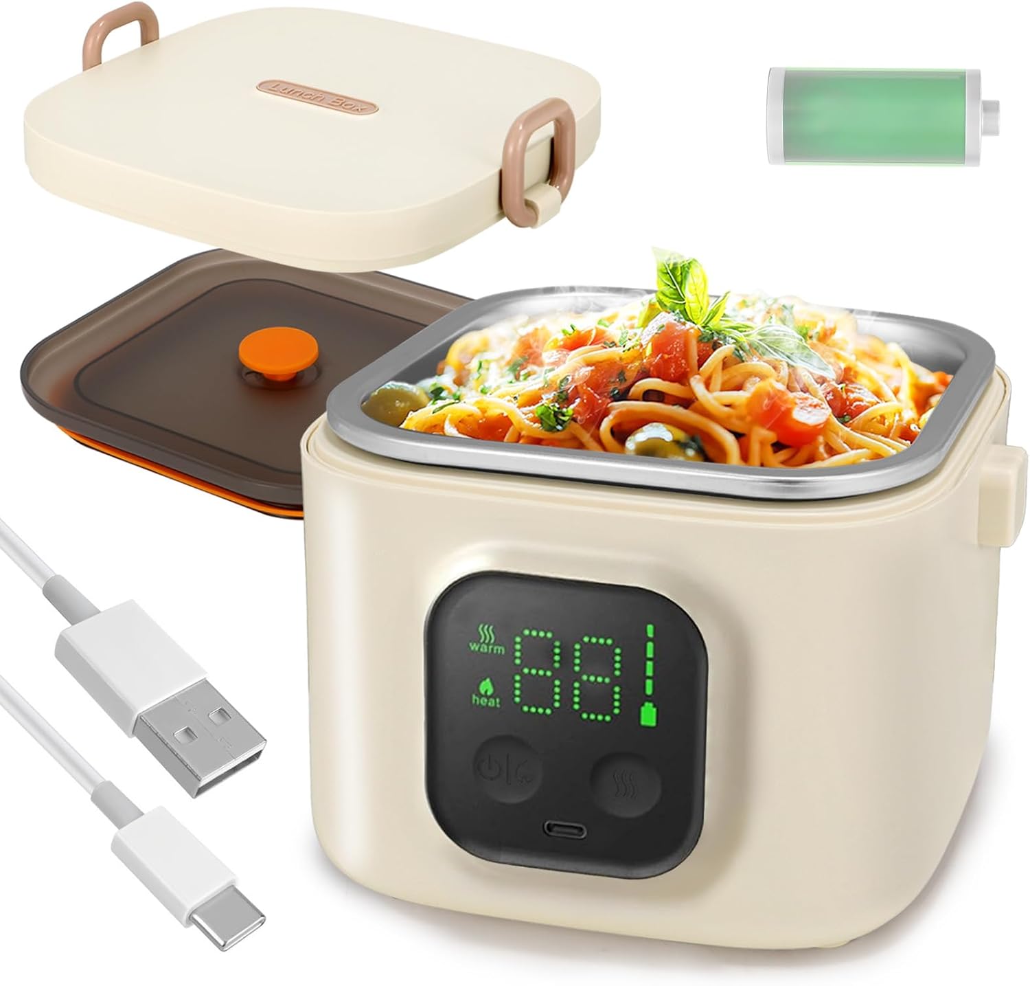 

Electric Heated Lunch Box, 27 oz, Battery Powered, 14000mAh Rechargeable Food Warmer for Work, Travel, Picnic бежевий