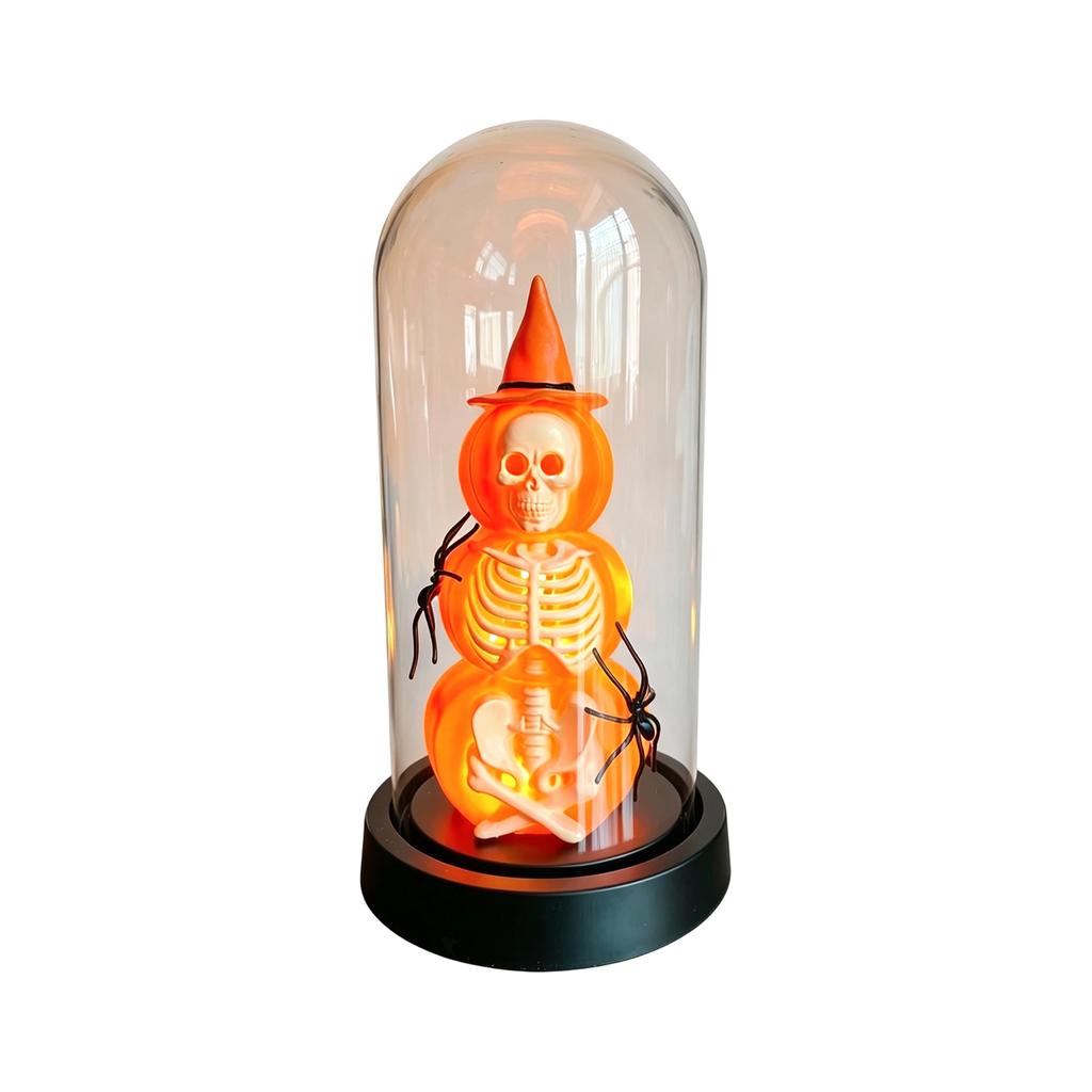 Halloween Pumpkin Skeleton Figurine Decoration Under Glass Dome with Spider Accents Battery Operated Halloween Scene Prop for Seasonal Display