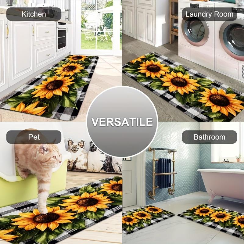 Sunflower Buffalo Plaid Kitchen Mat Decor Non-slip Hallway Balcony Laundry Rugs Bathroom Door Mat Bedroom Floor Mat Decor