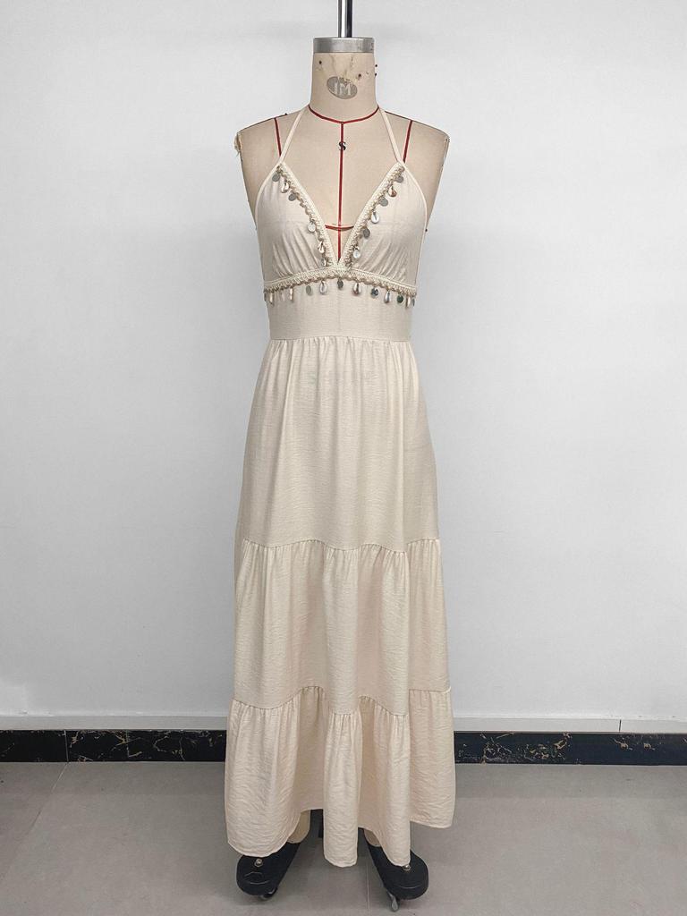 2026 Sleeveless V-neck Halter Lace Patchwork Long Dress with Open Back