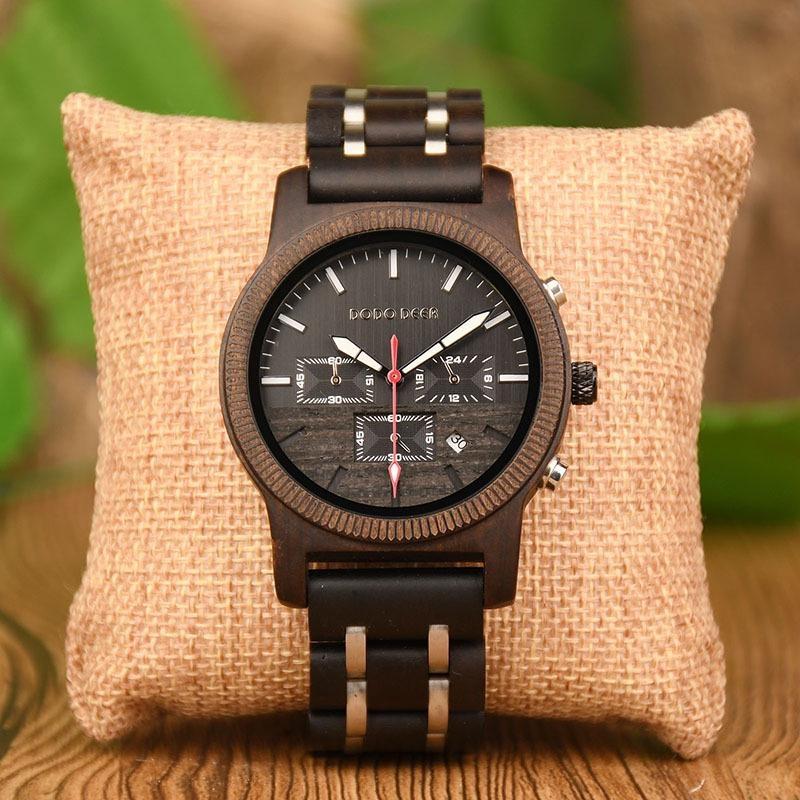 Wood Watch Multifunctional Luminous Calendar Chronograph 3-sub Dials Wooden Quartz Wristwatch Gift