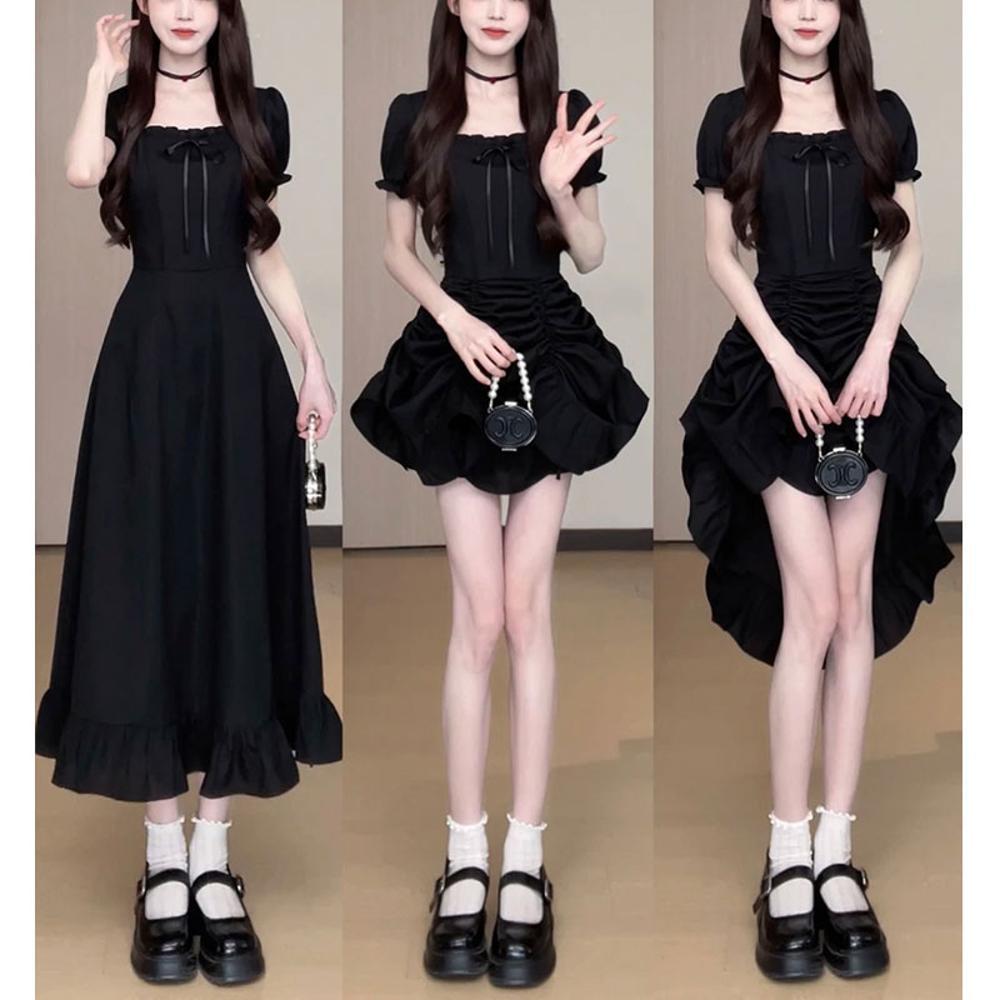 Red square collar dress, wear more solid color long skirts, temperament casual dress, waist and thin cake skirt summer