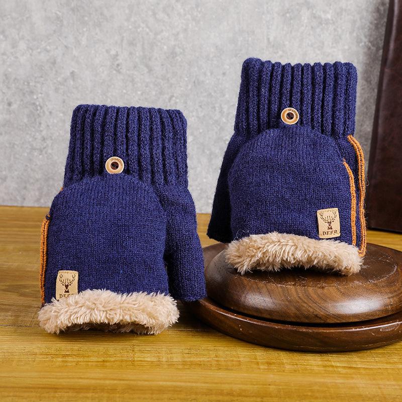 

Мужские перчатки для велоспорта с полупальцами: Шерстяной трикотаж с бархатной подкладкой для зимнего тепла и защиты от холода [Premium Deer Logo Thickening] синий