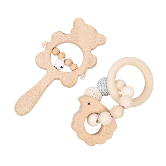 

1 Pair Wooden Baby Rattle Toy with Bell Beads Hedgehog Rabbit Elephant Bird Teething Grip Ring Toy Newborn Boys Girls Early Education Rattle Toy A