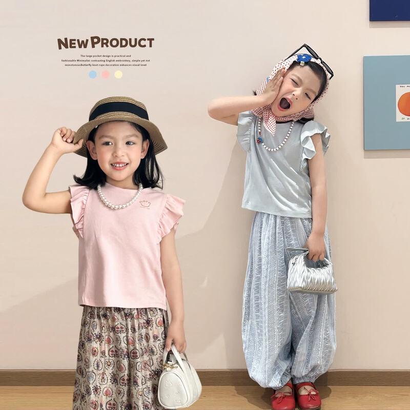 LUSON Girls Lace Trim Short Sleeve Summer Top 140 синий