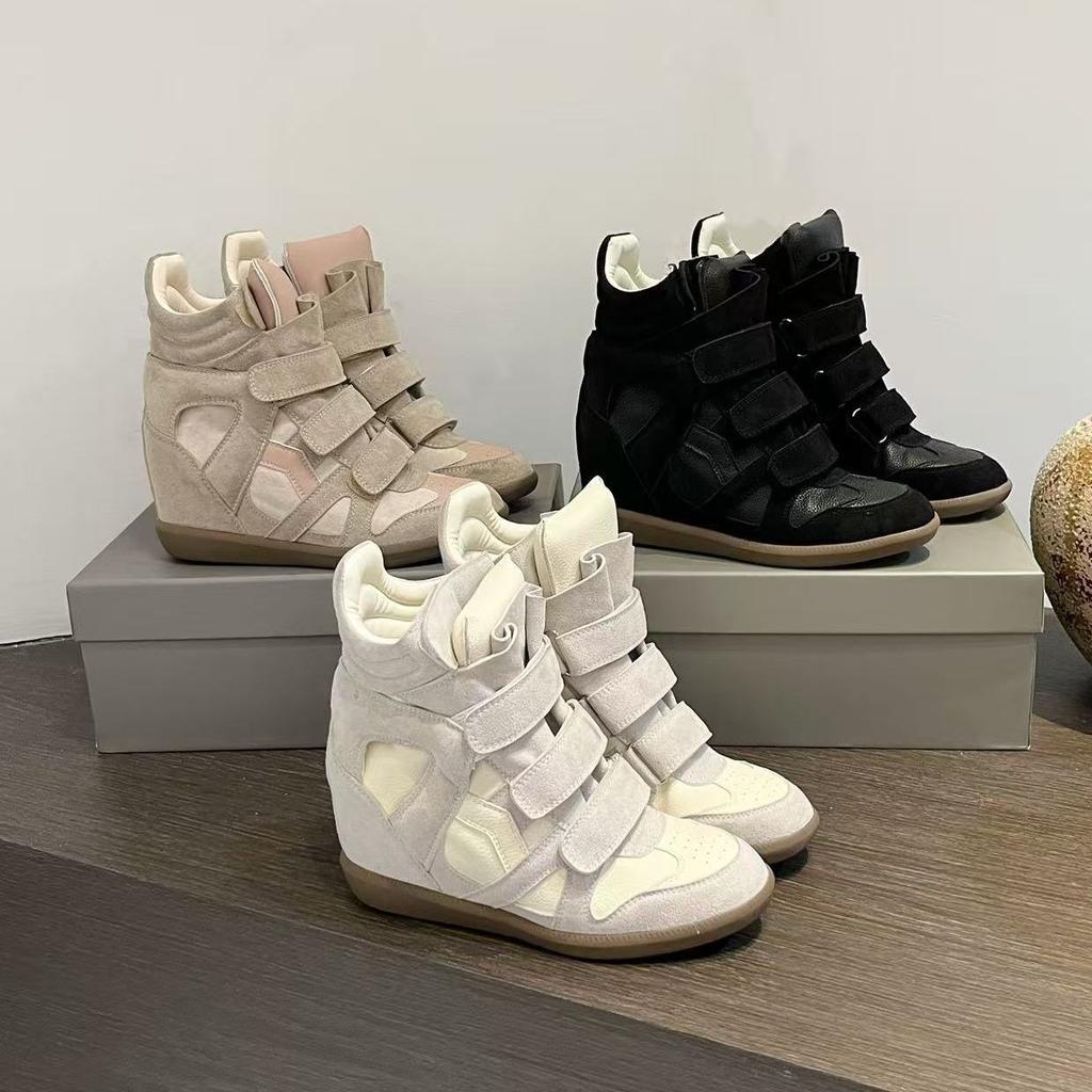 Zapatos Casuales de Caña Alta para Mujer Otoño Invierno Suela Gruesa Aumentadores de Altura Cierre de Velcro Zapatillas Deportivas Diseño de Color de Empalme Moderno