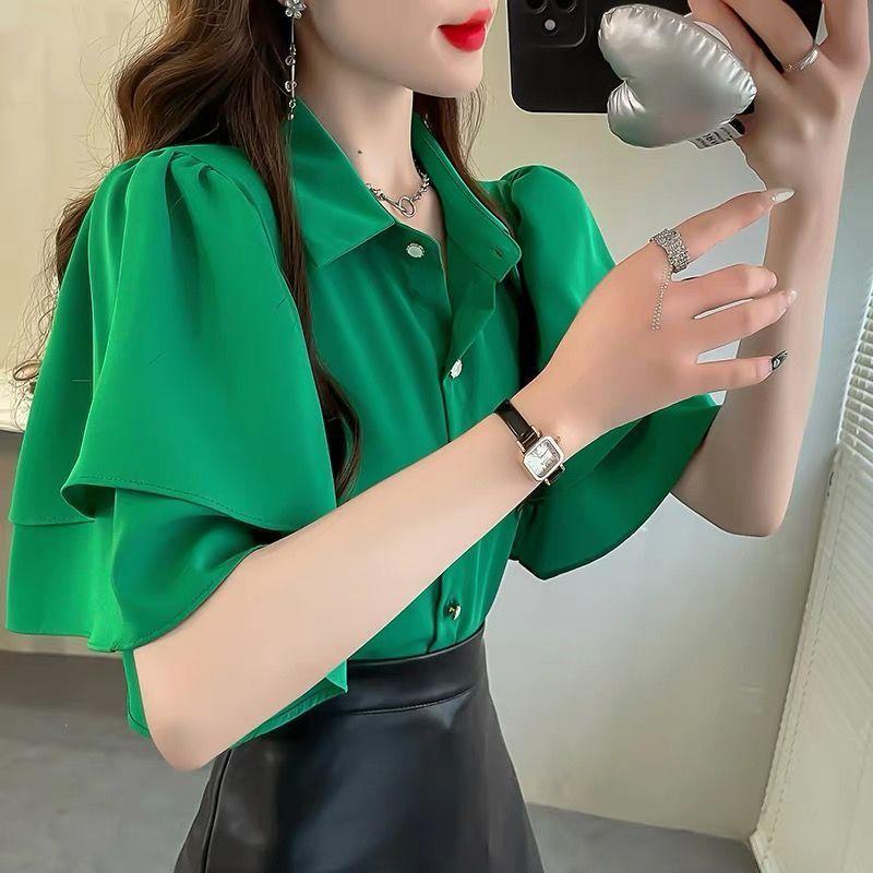 French Lady's Summer Loose Shirt Women's Loose Blouse Solid Color Fairy Style Ruffle Short Sleeve Chiffon Top