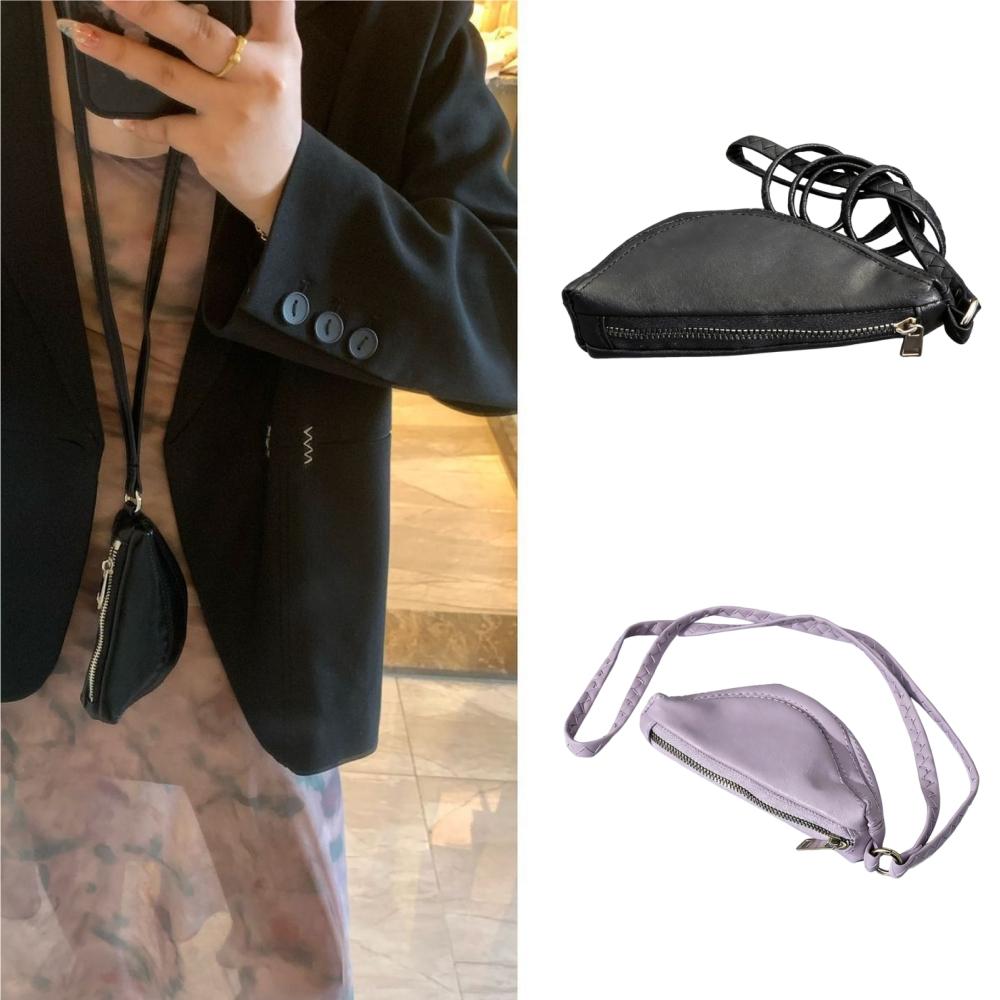 Vintage Black Leather Crossbody Bag Minimalist Zippered Lanyard Coin Purse for Women Casual Daily Use Key Wallet Money Pouch