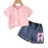 Girls' Suit: Summer Children's Bow Pink Short-sleeved T-shirt + Denim Shorts