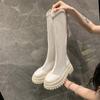Women's High Boots Fashion Round Head Mesh Cloth Back Zipper Waterproof Platform Anti-slip Wear-resistant Kitten Heels