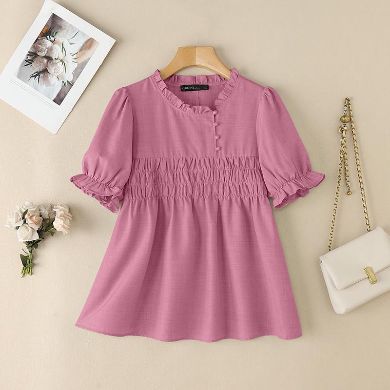 

ZANZEA Женская повседневная летняя блузка с круглым вырезом и коротким рукавом 4XL розовый