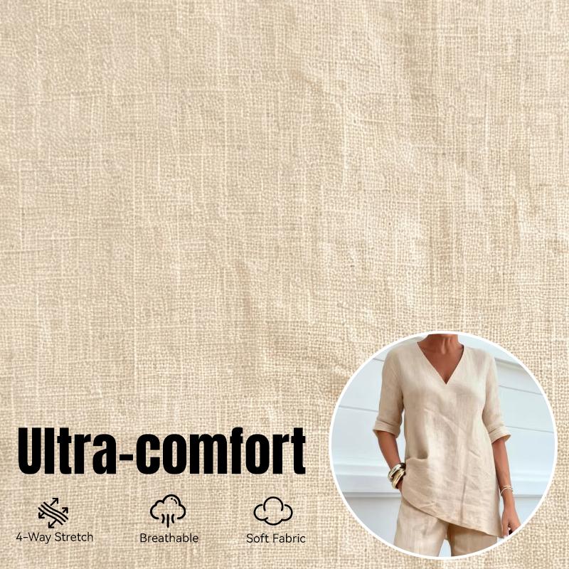 Completi da Donna in Lino a 2 Pezzi Manica 3/4 Scollo a V Pantaloni a Gamba Larga Abiti da Spiaggia Viaggio