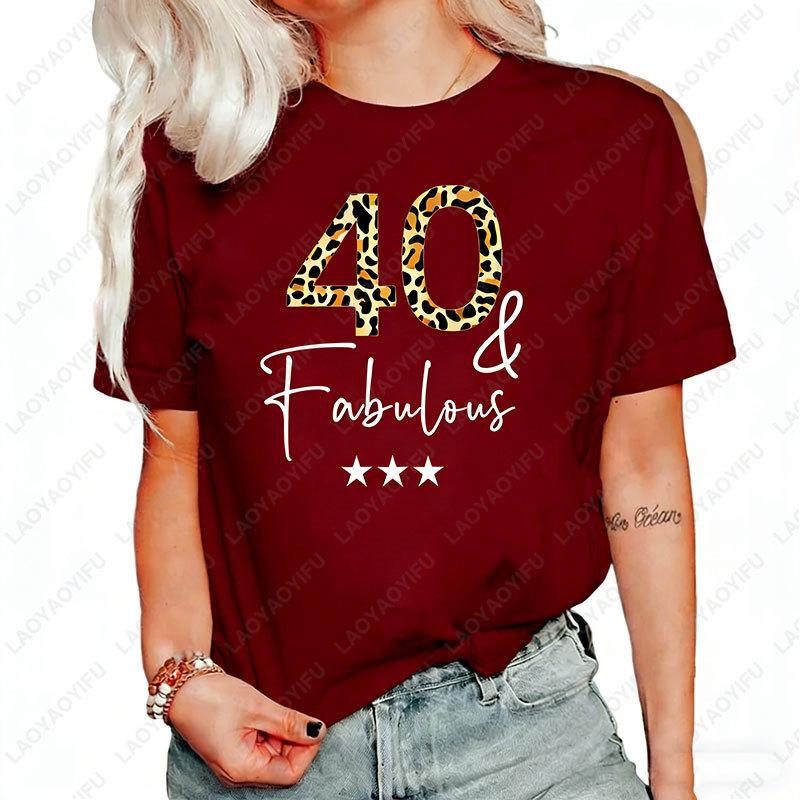 Personalised Custom Leopard Tshirt for Woman 40th Birthday Fabulous Bithday Age Perfect Gift Lovely Fashion Cotton Summer Tops