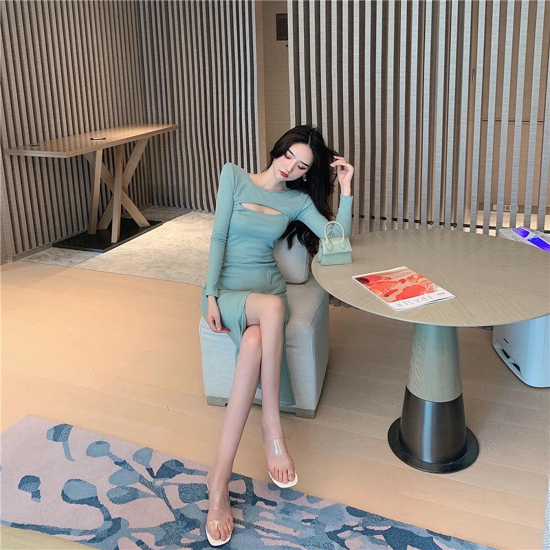 French Sexy Long-sleeved Hip Skirt Women's Spring and Autumn New Waist Sweet Temperament Hollow Split Design Dress