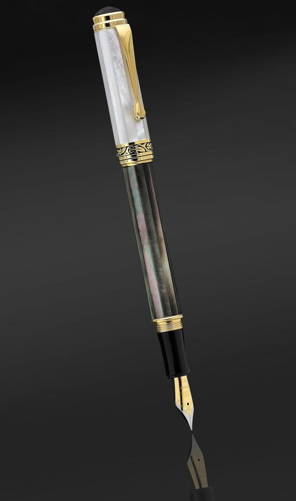 Xezo Maestro Fountain Medium Marine Tahitian Black White 18kt No Two Pens Are Pen, Nib, Iridescent, Origin, & Mother-of-Pearl, Gold-Plated Fittings.