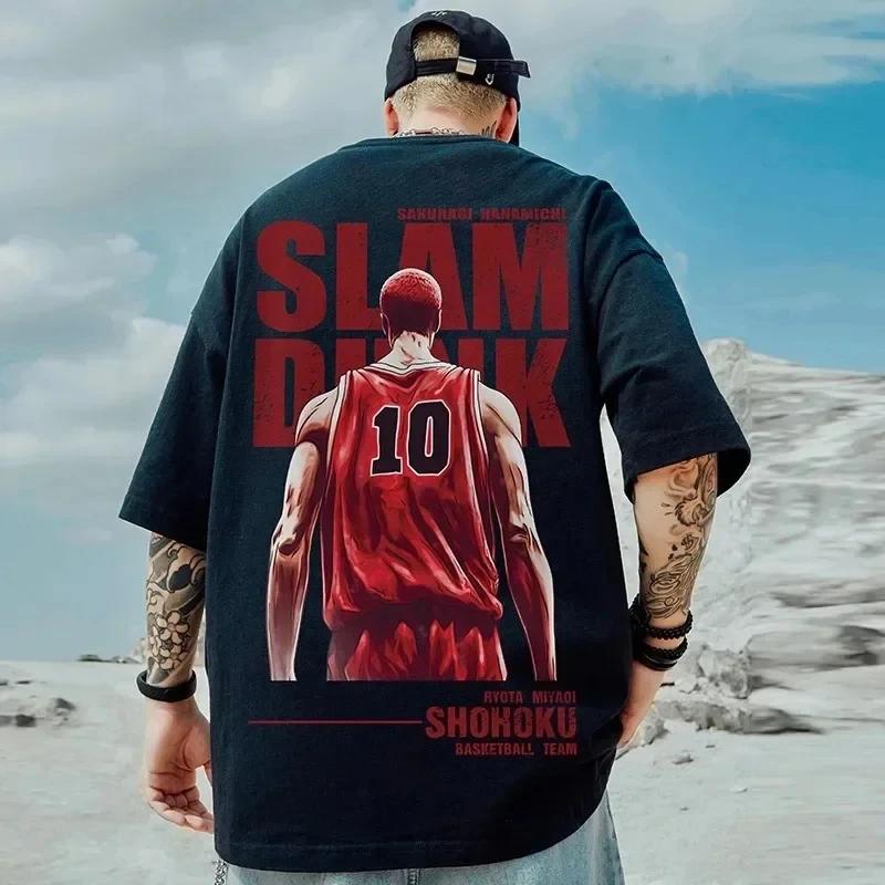 Men's Japanese Anime Slam Dunk Print T-shirt Hip-hop Casual Basco Ball Print Harajuku100% Cotton Short-sleeved T-shirt