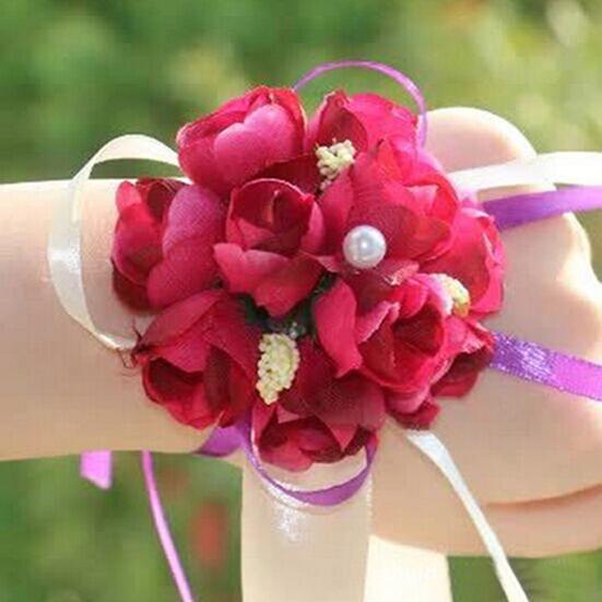 Wrist Flower Vivid Pattern Fake Pearl Ribbon Cloth Pretty Bridal Flower Bracelet for Wedding