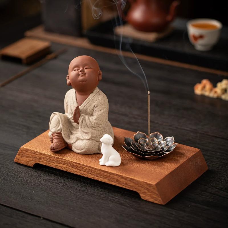 Zen Tea Pet, Cute Little Monk Figurine for Tea Table, Zen Meditation Ornament for Home Office Desk
