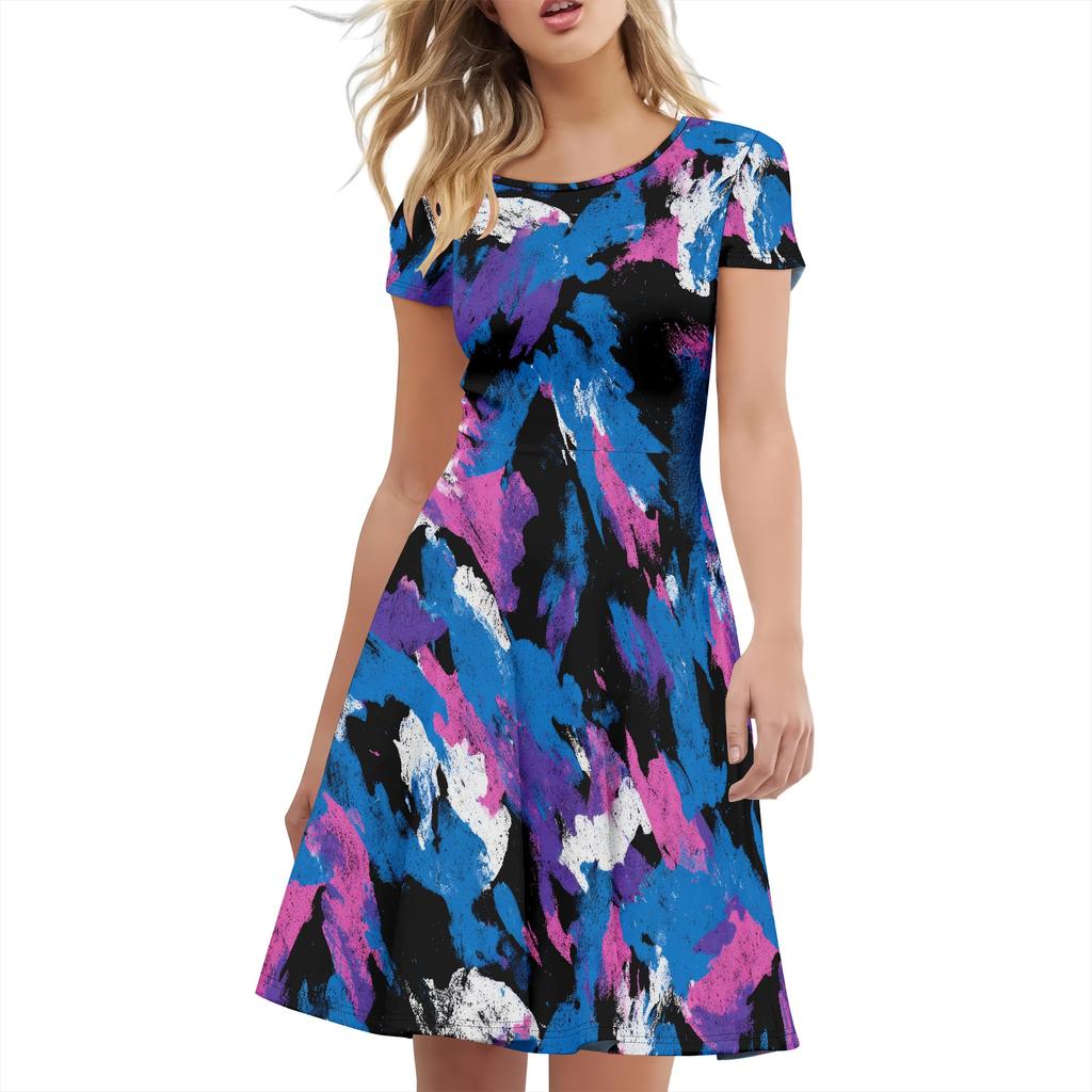 Summer Dress for Women 2025 Casual T-shirt Crewneck Petal Sleeve Swing Vacation Dress