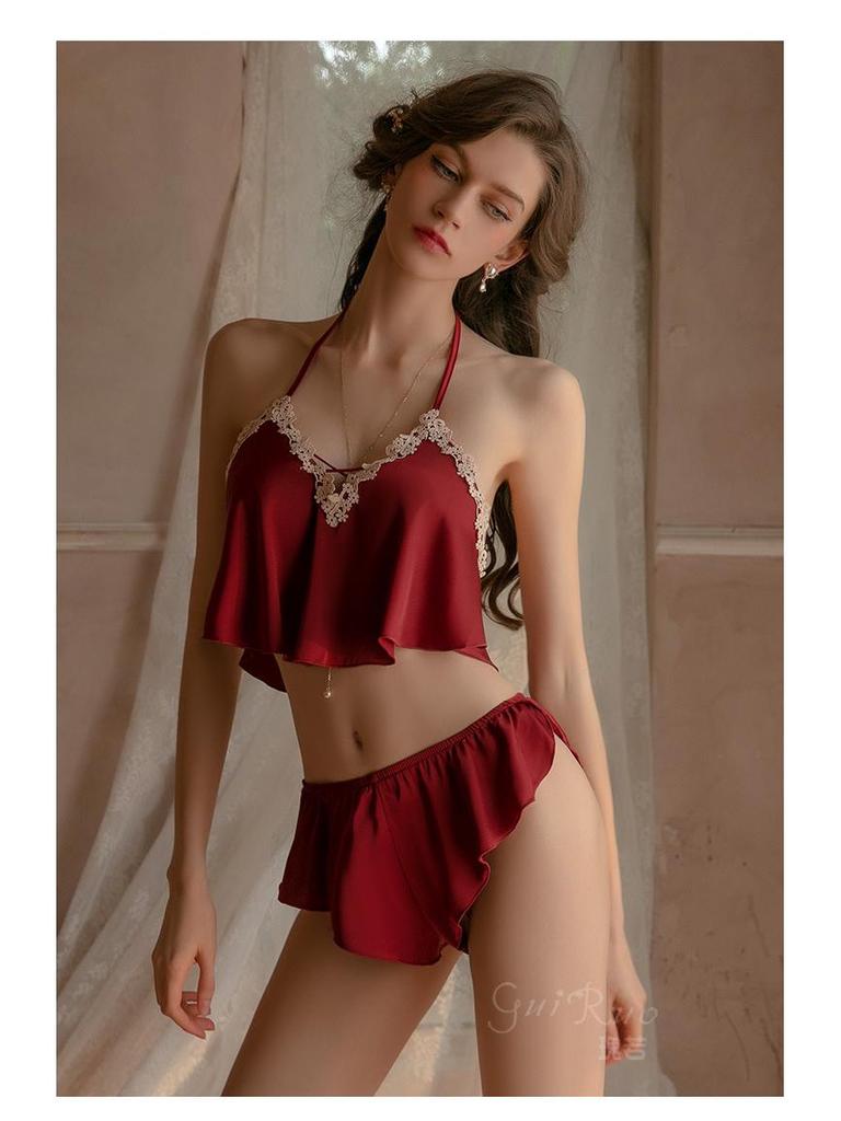 Guiruo Satynowa Koronka Damski Zestaw Piżamowy: Uwodzicielska koszulka na ramiączkach i prześwitujące szorty - Styl 705