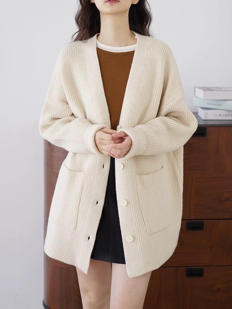 Premium solid color v-neck pocket sweater jacket women's autumn and winter 2026 new loose lazy wind knitted cardigan thick