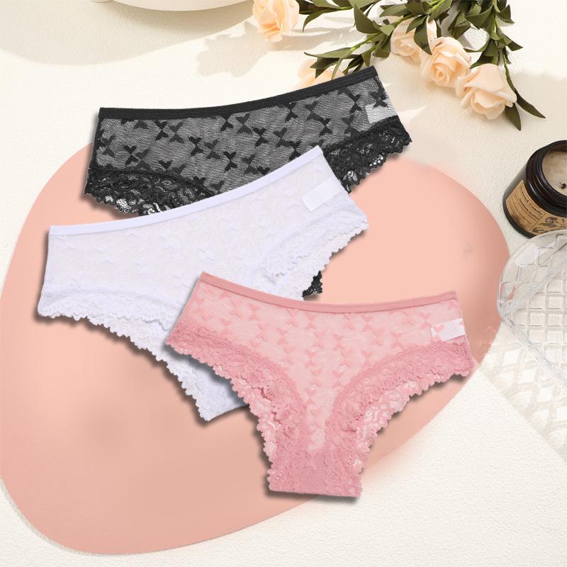 

3PCS Women s Lace Panties Sexy Perspective Underwear Briefs Female Solid Color Hollow Out Lingerie Floral Intimates S-XL S