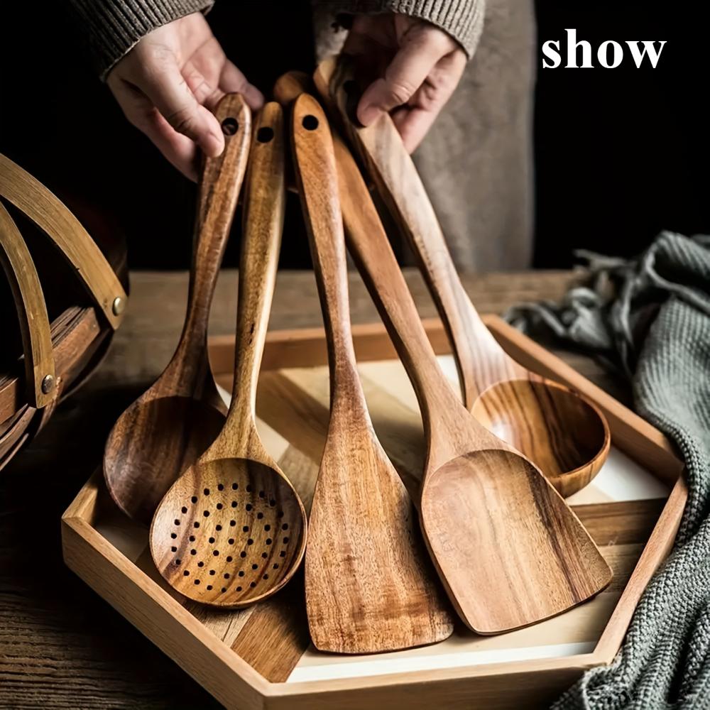 Juego de utensilios de cocina de madera de alta calidad - mango, cuchara de madera natural, espátula para cocinar, cuchara para sopa, espátula especial para sartenes antiadherentes