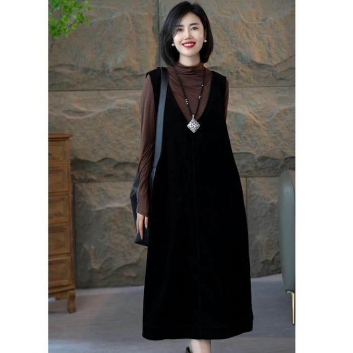 

French black strap skirt women s summer new large size loose casual age reduction solid color long dress S чёрный