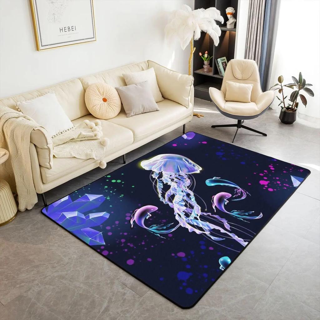 Jellyfish Marine Life Area Rug Dreamy Ocean Animal Non Slip Carpet for Kids Adults Fantasy Moon Clouds Starry Sky Decorative Rug