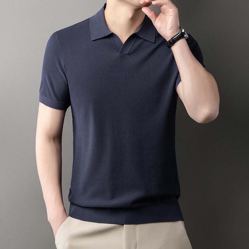 

Men s Summer Silk Knit Polo – Short Sleeve V-Neck Lapel T-shirt 2XL