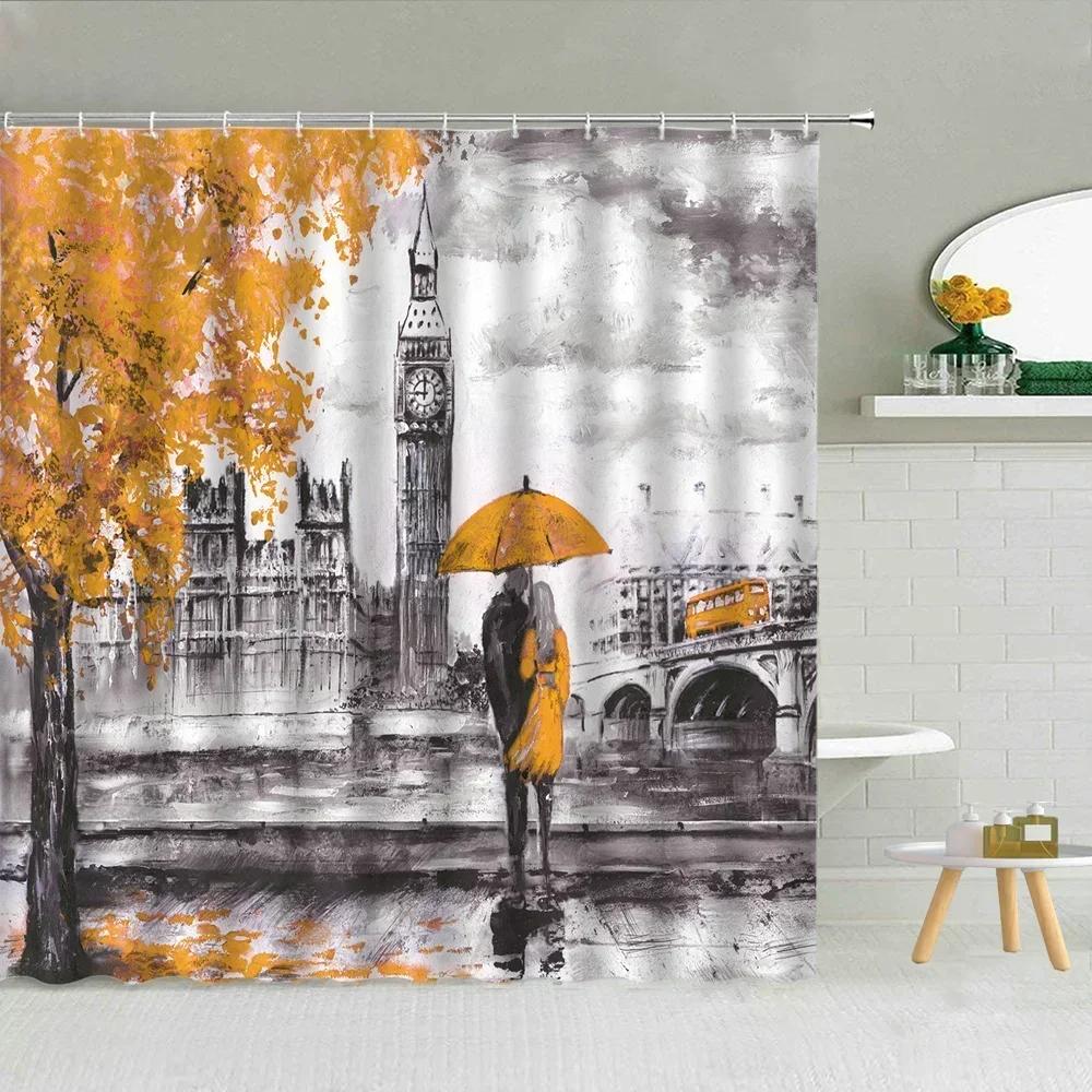 Architektura Londynu Widok Ulicy Zasłony Prysznicowe Zakochani Big Ben Czerwona Budka Telefoniczna Most Wodoodporna Tkanina Dekoracja Łazienki Curta