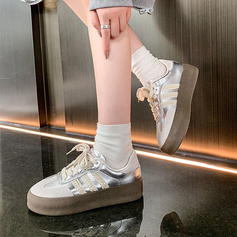 Dexun shoes women's silver new spring platform heightening small lace casual retro sports board shoes