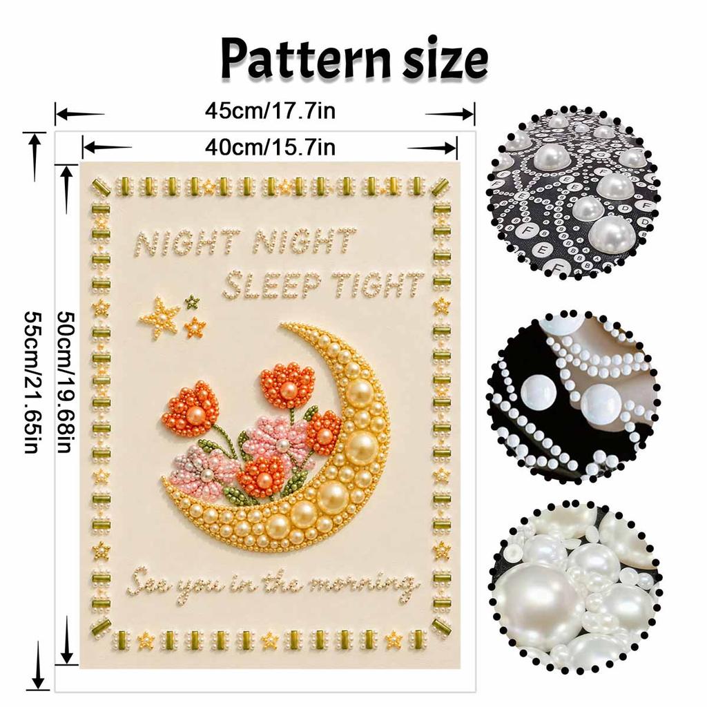 Unique 5D Framed Pearl Painting Kit with Moon Flower Star Lettering Sparkling Bead Art Canvas DIY Handmade Craft for Living Room Decor