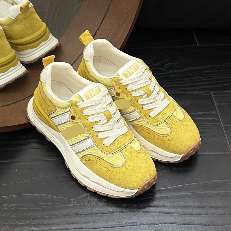 Leather platform dad shoes women's summer new yellow striped waffle casual sneakers