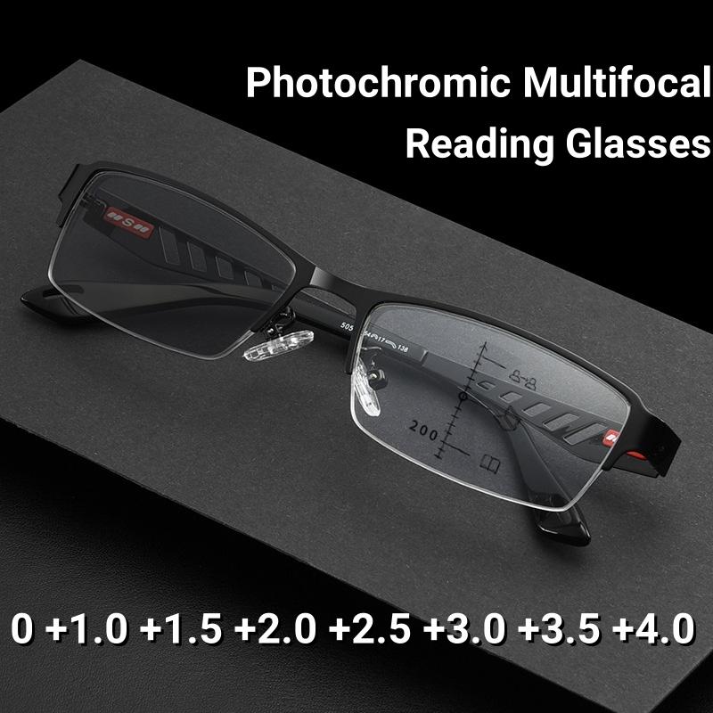 Men Square Metal Photochromic Reading Glasses Large Frame Multifocal Glasses Blue Light Blocking Eye Protection Eyeglasses