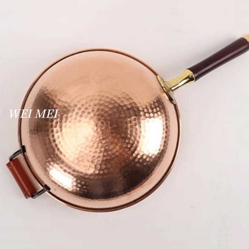 Hand-Forged Copper Wok for Stir-Frying,Mashed Potatoes Stew Pot,Solid Wood Handle Soup Noodle Pot,Home Cooking Outdoor Cookware