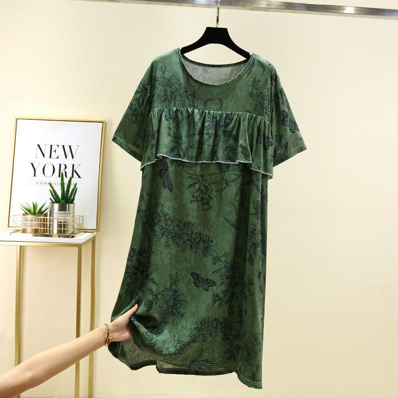 Bourette Short sleeve Dress Women Summer Thin Waist Hugging Home Dress Mid-Length A- line Skirt Artificial Cotton Loose Nightdress