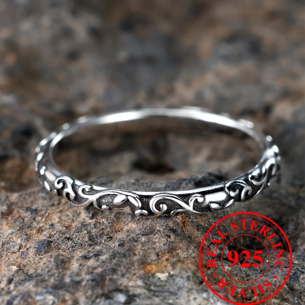 Vintage S925 Sterling Silver Wine Pattern Rings for Women Personalized Classic Dark Style Engraved Rings Party Jewelry Gifts