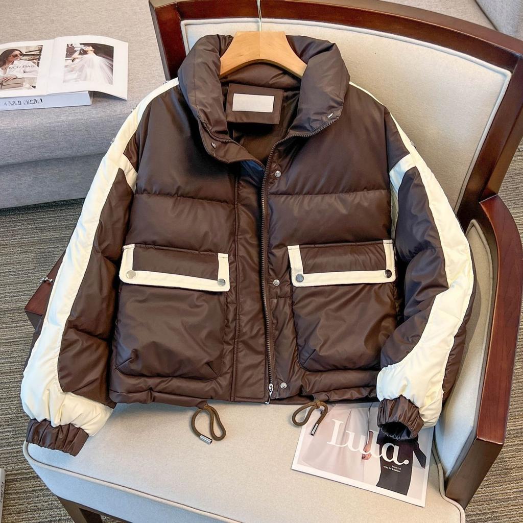 Winter PU Leather Jacket Stand Collar Short Loose Fit Sporty Padded Coat for Women