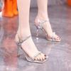 Hot Selling 2025 New Summer Fine Heel Sandal Women's Water Diamond One Button Strap Korean Internet Red High Heels Women's Shoes