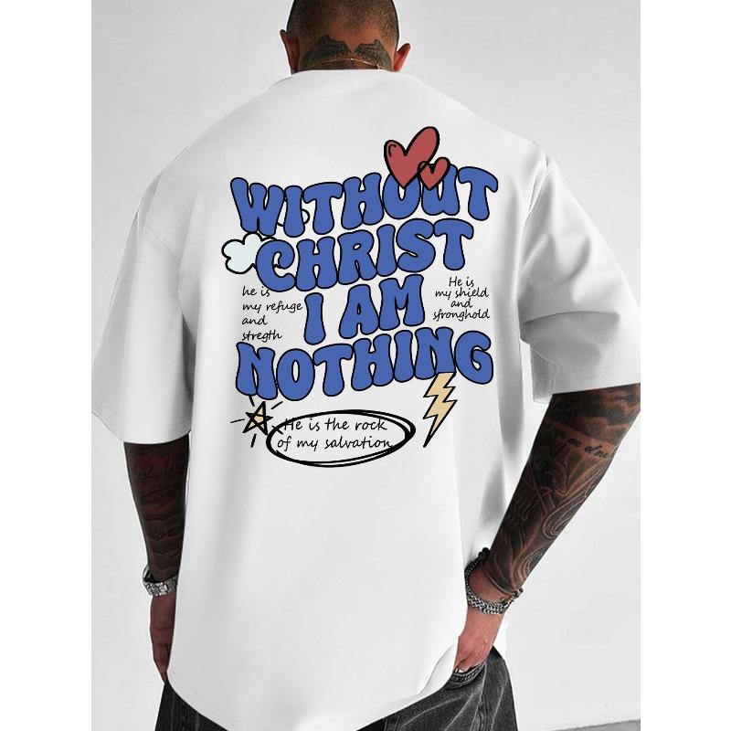 

European sizes Men S Short-Sleeve T-Shirt Featuring a Retro Cartoon Design with The Phrase WITHOUT CHRIST I AM NOTHING in a Hip-Hop Style S белый