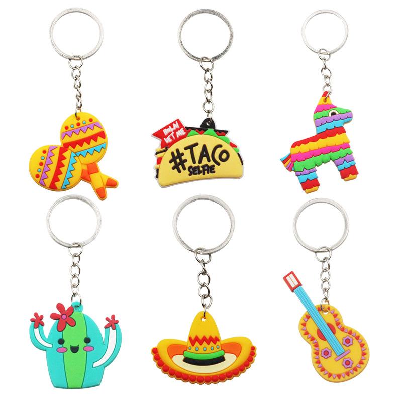 2pcs PVC Key Chain Cactus Hat Hot Dog Horse Guitar Sand Hammer Keychain Metal Pendant Gift