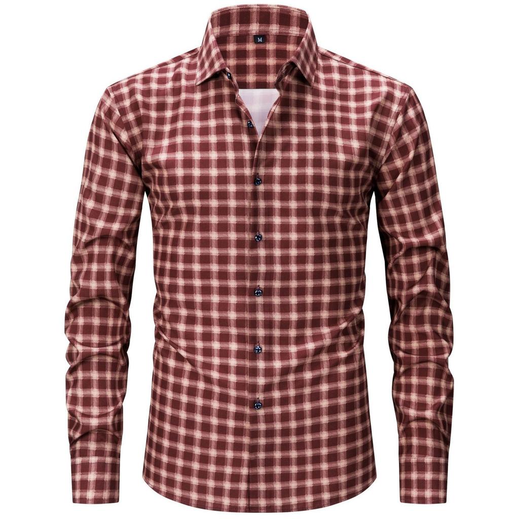 Herren Großgröße Elastisches Kariertes Gestreiftes Langarmhemd, Herren Digital Bedrucktes Hemd mit Leichtem Knopfverschluss und Eckkragen