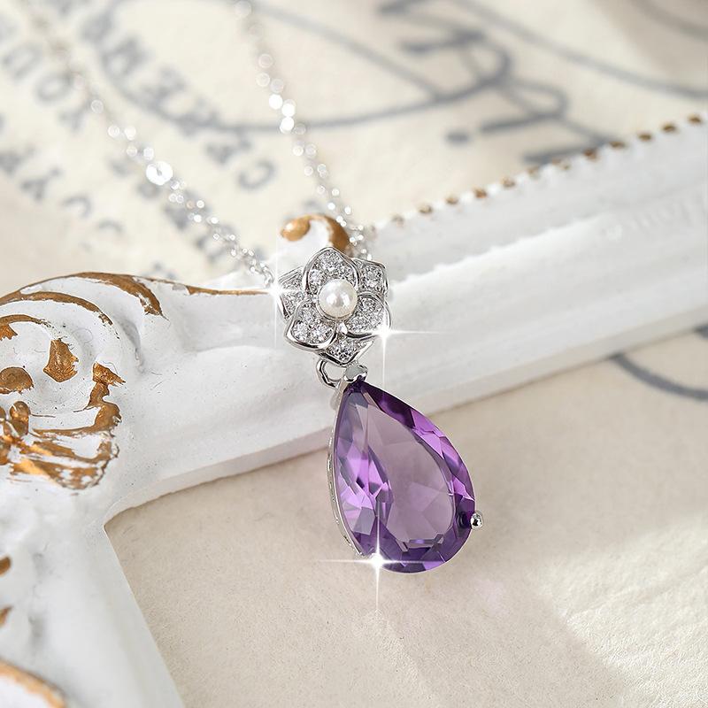 Natural Stone Crystal Pendant S925 Silver Necklace Female European and American Style High-end Crystal Clean Ice Flower Cut Colored Treasure Pendant