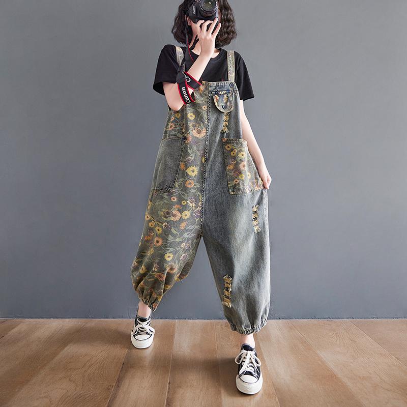 Salopette in denim con stampa floreale oversize casual per donna, jeans larghi a gamba larga, tute e tute cargo con cinturini, pantaloni larghi
