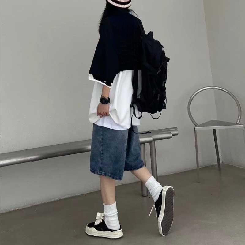 High Street Retro Blue Jeans Shorts Women Summer New Baggy Wide Leg Denim Half Pants Fashion Streetwear Y2k Clothing Oversize