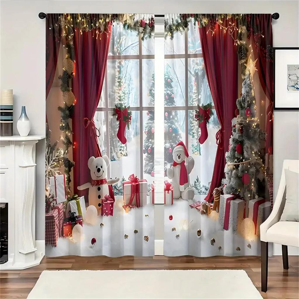 2pcs Christmas Tree Red Christmas Curtains Polyester, Rod Pocket Design for Living Room Bedroom Kitchen Decor -Machine Washable