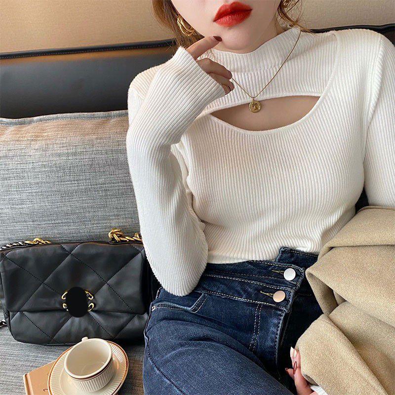 European Style Half High Neck Hollow Knit Women's Fleece Lined Sweater - Warm Autumn & Winter Base Layer
