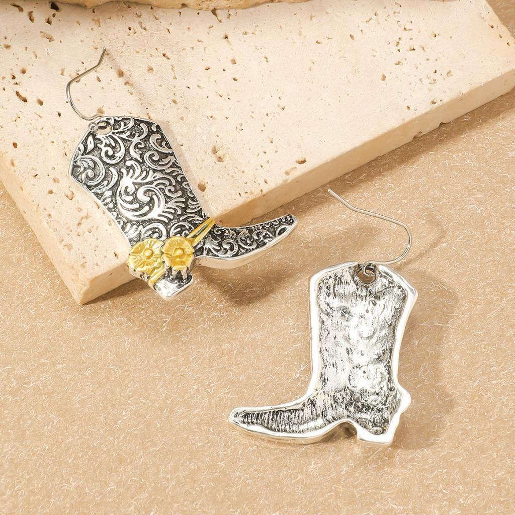 Retro Western Rose Double-Color Boots Earrings - Trendy Alloy Totem Design