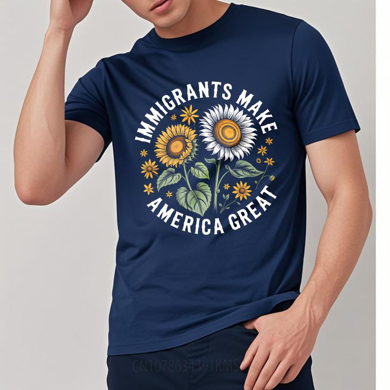 Vintage Summer Boys Tshirt Immigrants Make America Great Sunflowers Design Short Sleeve Rock Crew Neck Tee Shirt Teeshirt Male
